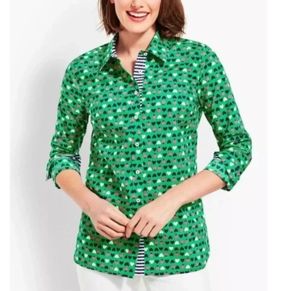 Talbots Classic Ladybug- Hearts Green Pink Button Up Long Sleeve Shirt size MP